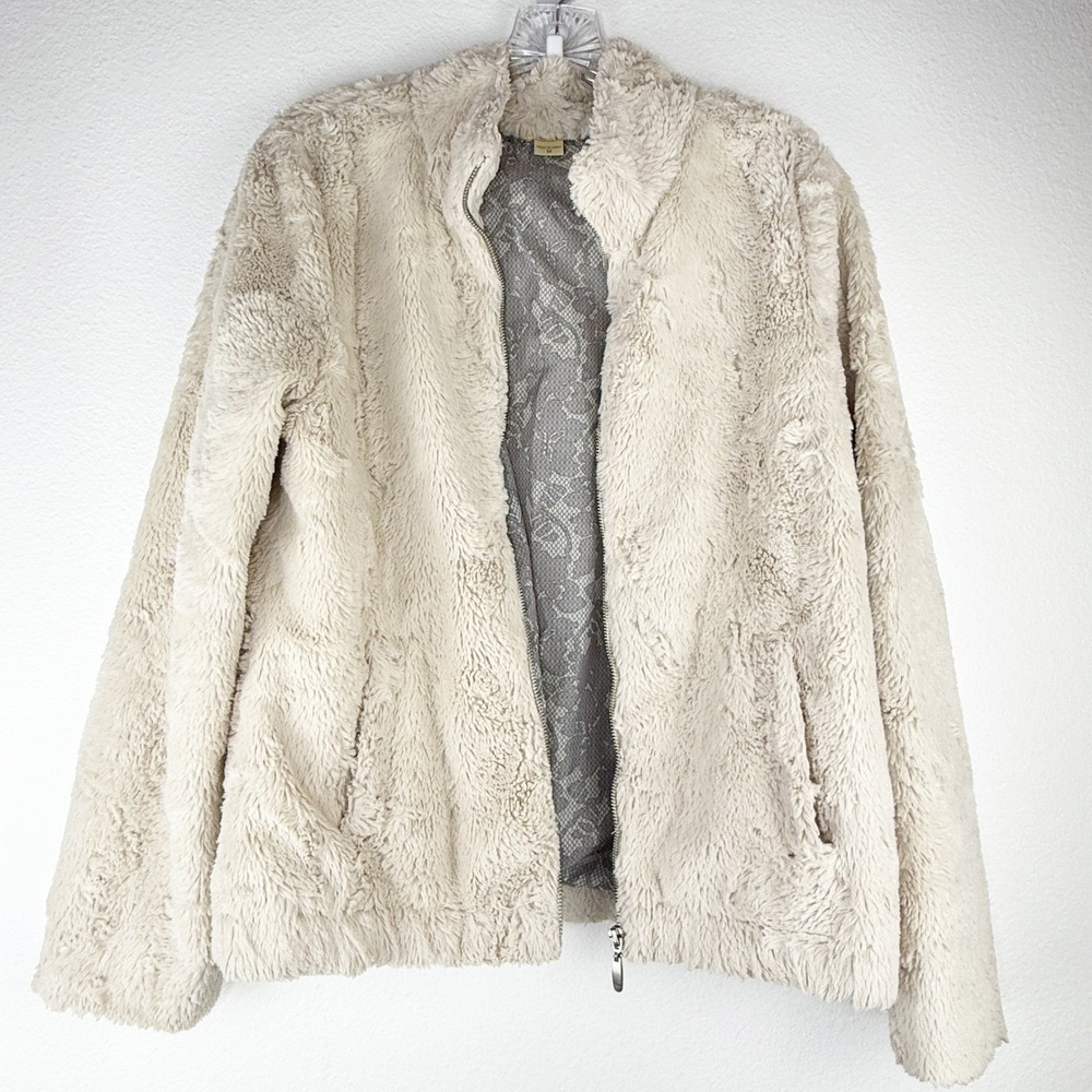 Eivissa Women Cream Faux Fur Full Zip Jacket Lace Lined Size Medium Ivory Coat